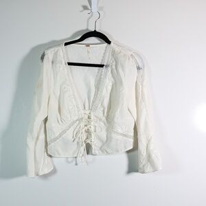 Free People Lola Sateen Lace V Neck Lace Up Bell Long Sleeve Blouse Shirt Top S